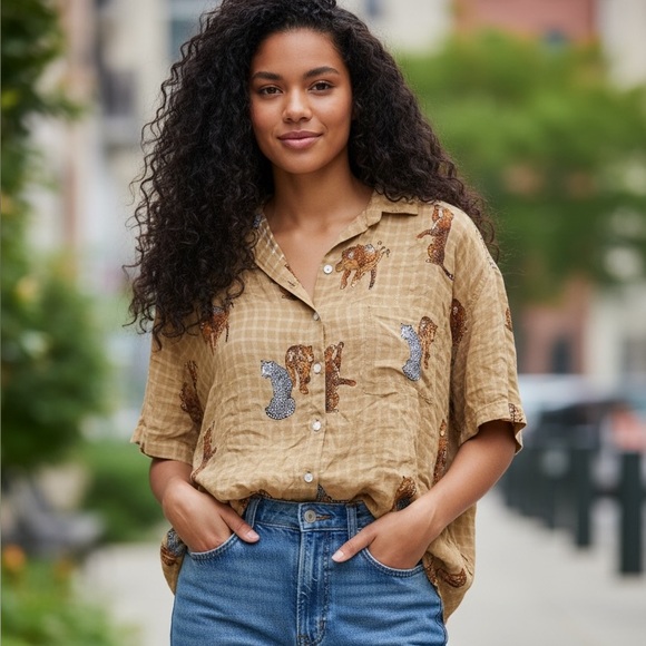 Jane Delancey Short Sleeve Button Up Tiger Shirt / Top - Picture 3 of 4
